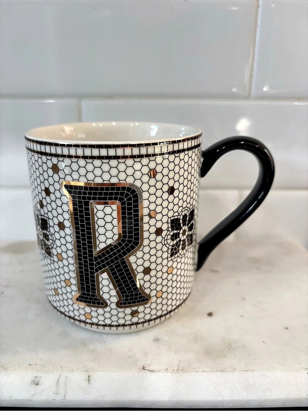 Anthropologie Bistro Tile Stoneware Mug: Monogram Edition R White & Black